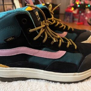 Vans High-Top Sneakers in Teal, Black, and Pink